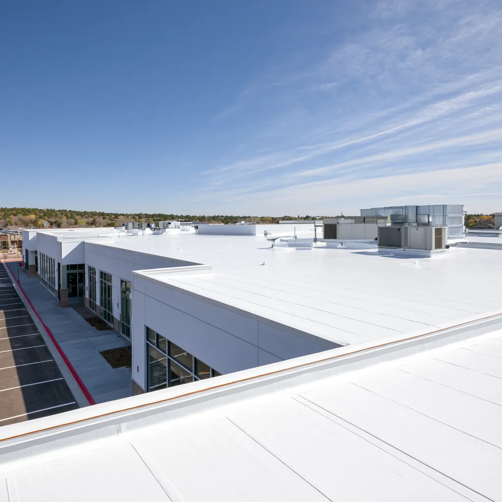 Parking lot beside a retail center covered in white flat roofing