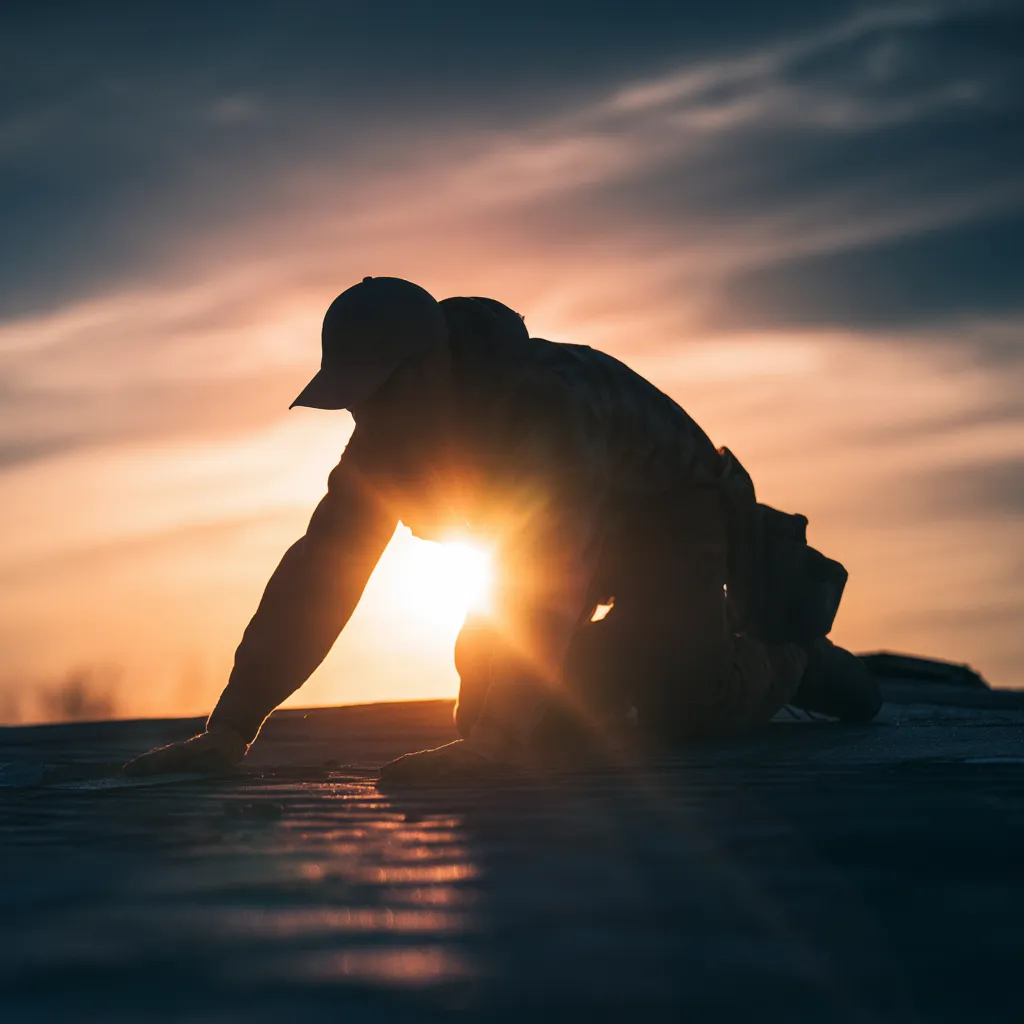 Low sun silhouetting a roofer on a rooftop