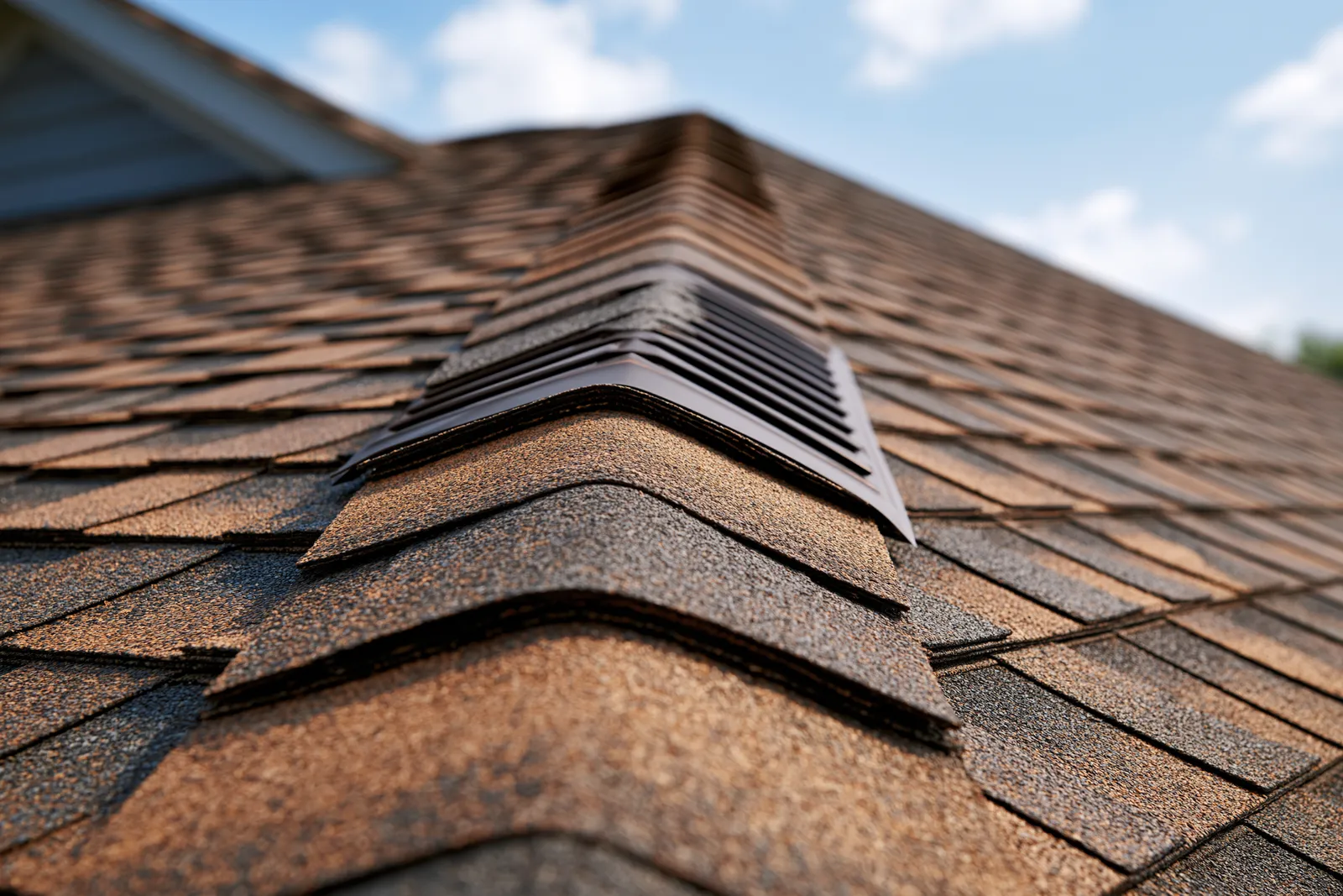 Blue sky above a brown shingle roof ridge vent along the roofline