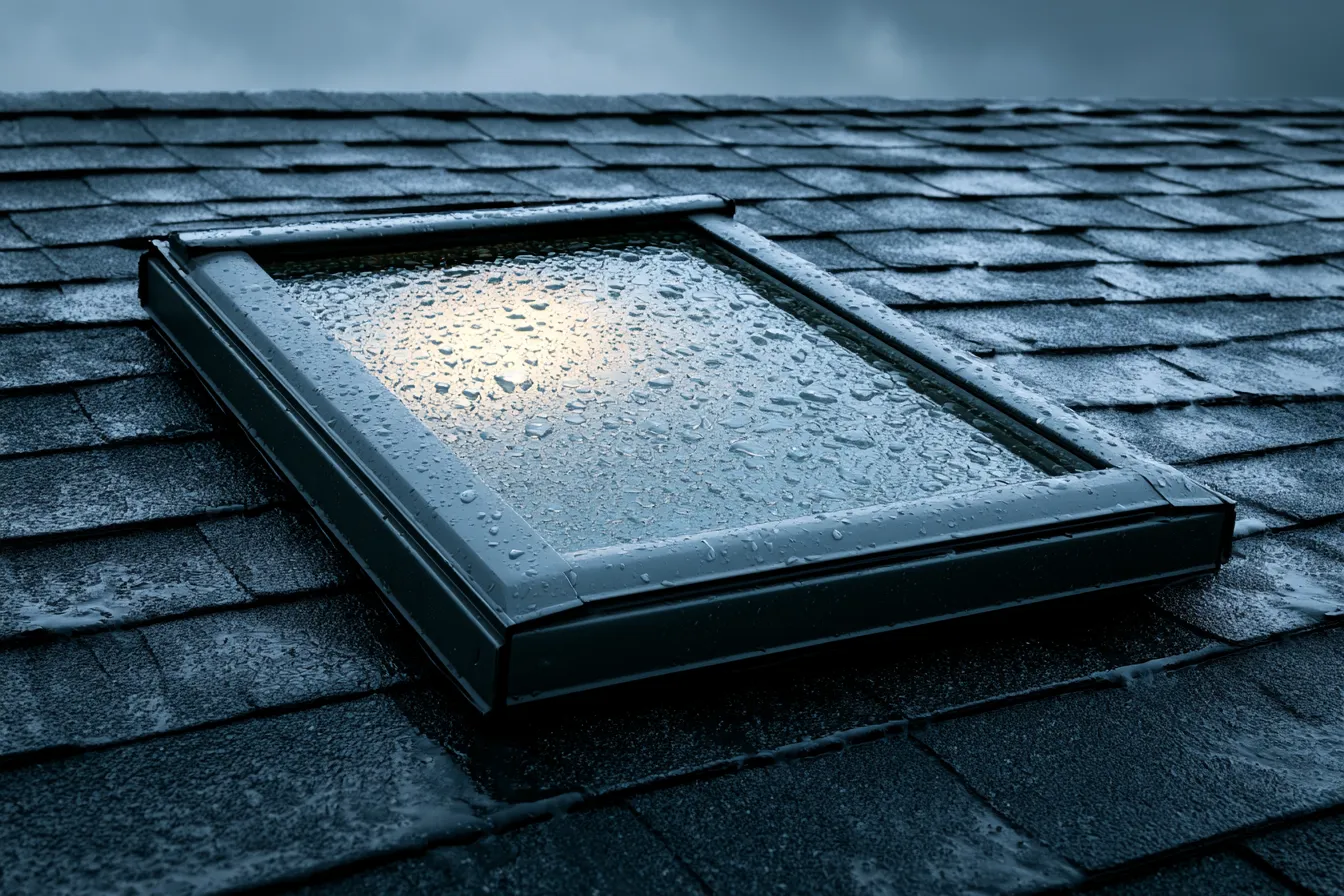 Raindrops cover a dark-framed skylight set into a wet shingle roof